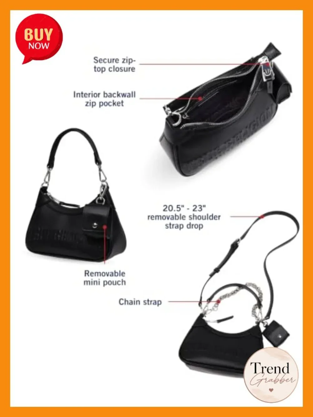 Genuine Leather Hobo Bag Two-Strap Zip-Top Black